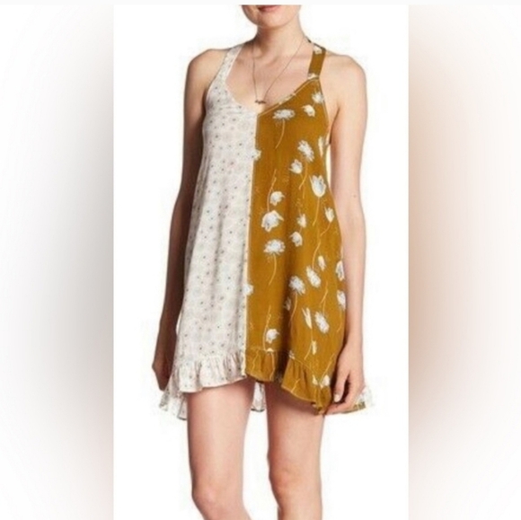 Intimately Free People Mixed Media Floral Boho Slip Dress in Mustard/White Small - Picture 2 of 9